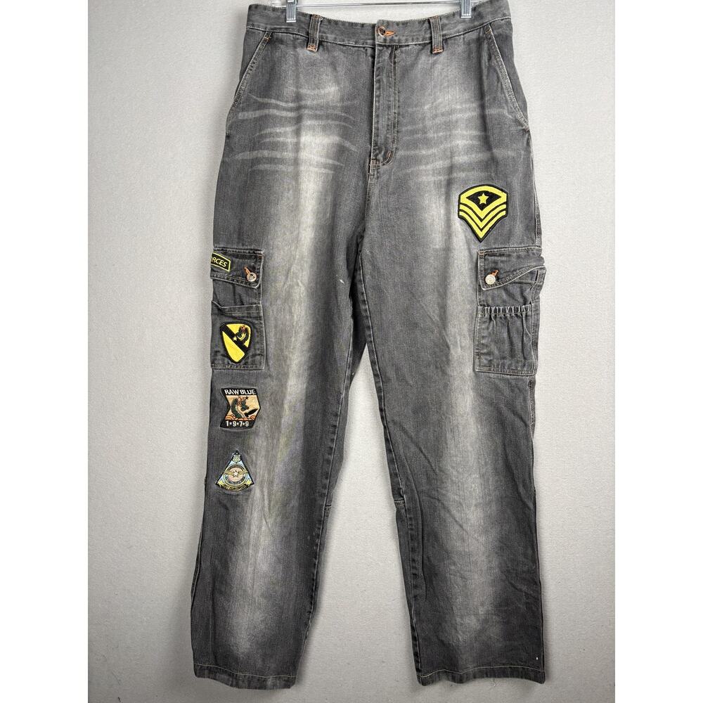 Raw Blue Jeans Mens W34 L34 Gray Cargo Pants Patchwork Badge Streetwear Y2K
